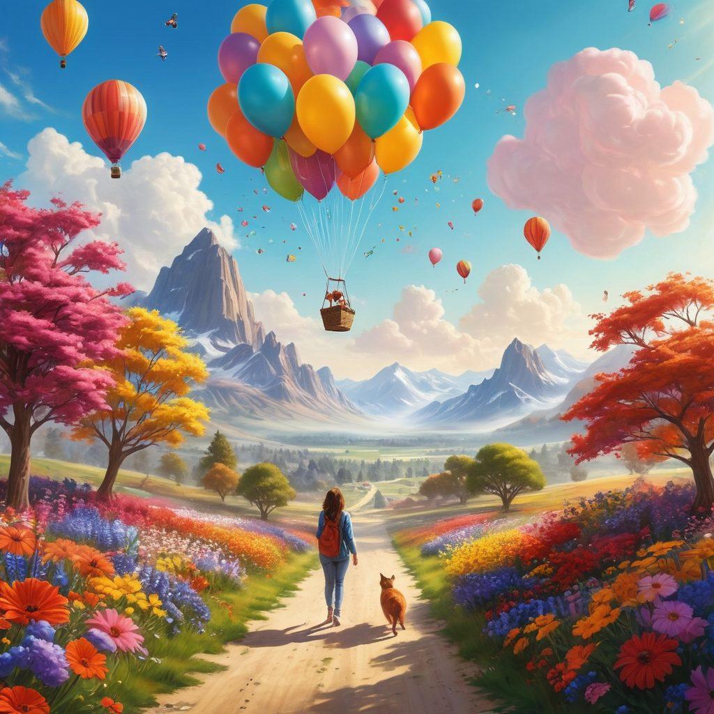 A serene landscape illustrating a person joyfully creating their own happiness, surrounded by colorful flowers and vibrant sunshine. Include whimsical elements like floating balloons and playful animals to symbolize joy. The scene conveys warmth and positivity, inviting the viewer to explore their own moments of joy. super-realistic. vibrant colors. whimsical style.