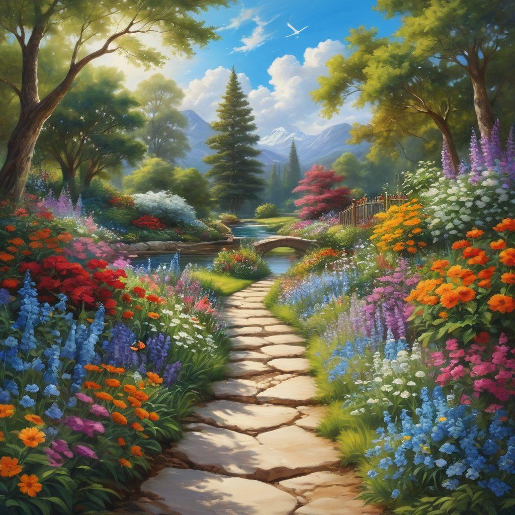A serene landscape featuring a sunlit path winding through a vibrant garden filled with colorful flowers, butterflies fluttering around, and a gentle stream flowing nearby. In the foreground, a diverse group of people engaged in joyful activities like meditation, painting, and sharing laughter, capturing a sense of community and happiness. The sky is a brilliant blue, dotted with fluffy white clouds. super-realistic. vibrant colors. nature-inspired.
