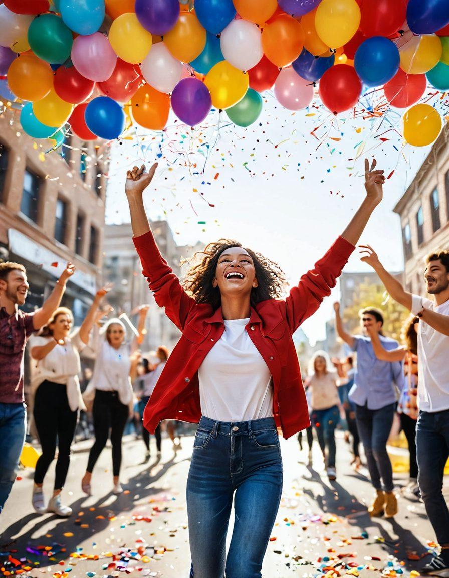 A vibrant and energetic scene featuring a person radiating joy, surrounded by colorful confetti and balloons, symbolizing the journey from cheerfulness to euphoria. In the background, a bright sun shines down, and people are dancing and celebrating, embodying the spirit of fantastic joy. Include joyful expressions and dynamic movement to capture the essence of happiness. bright colors, super-realistic, vibrant atmosphere.